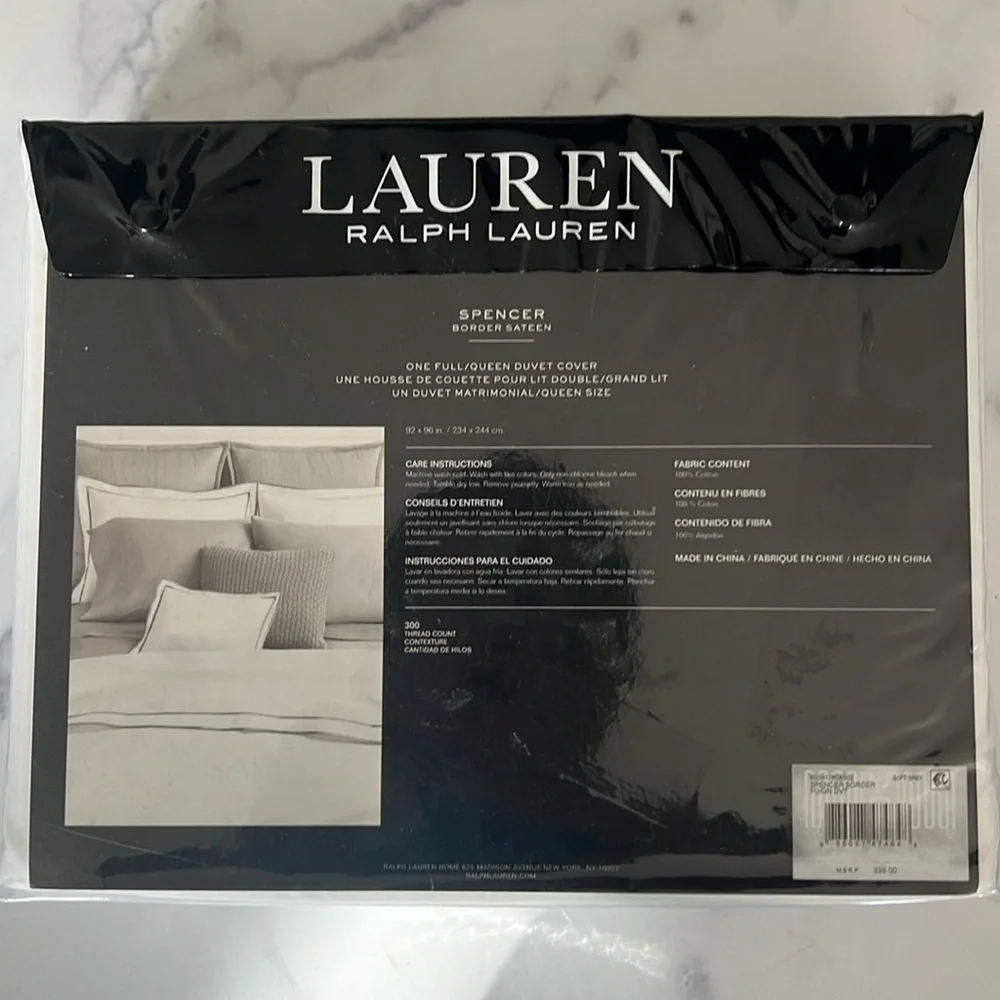 Lauren Ralph Lauren Spencer Sateen Border Queen Duvet Cover Soft Grey New w/Tag